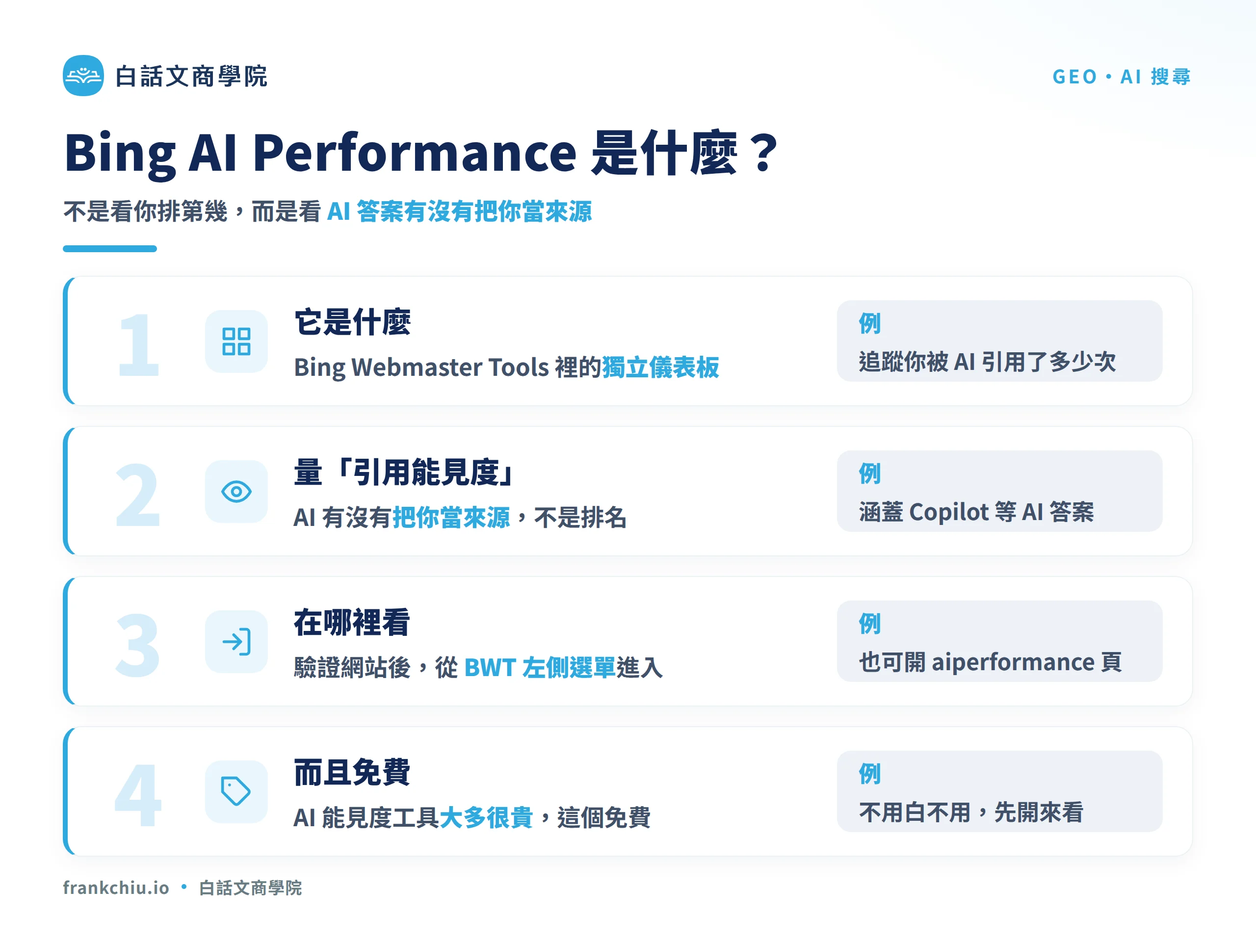 Bing AI Performance 是什麼:BWT 裡的獨立儀表板、量引用能見度、在哪裡看、而且免費