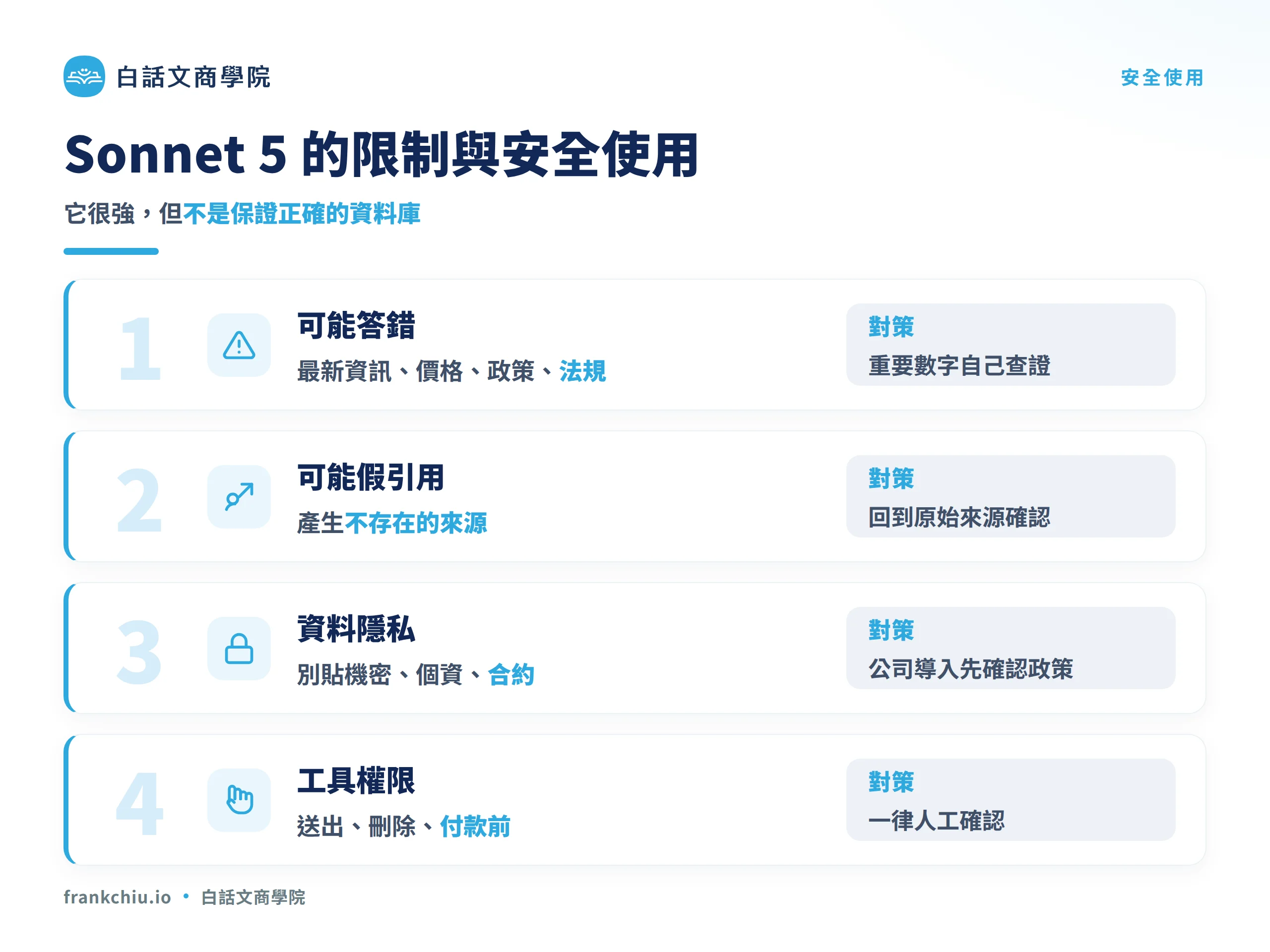 Sonnet 5 的限制與安全使用：可能答錯、可能假引用、資料隱私、工具權限送出前要人工確認