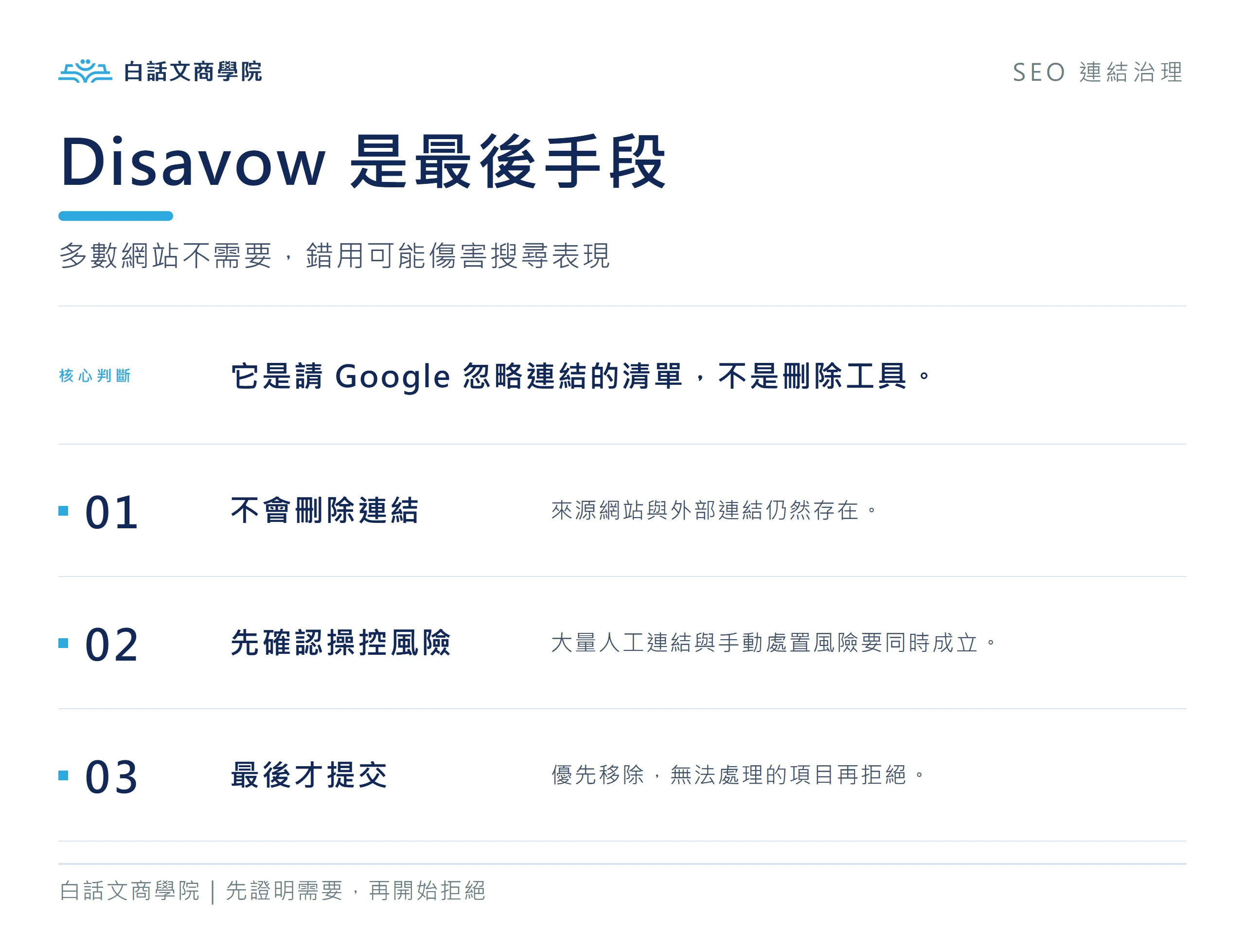 Disavow 是最後手段，不會刪除網路上的外部連結