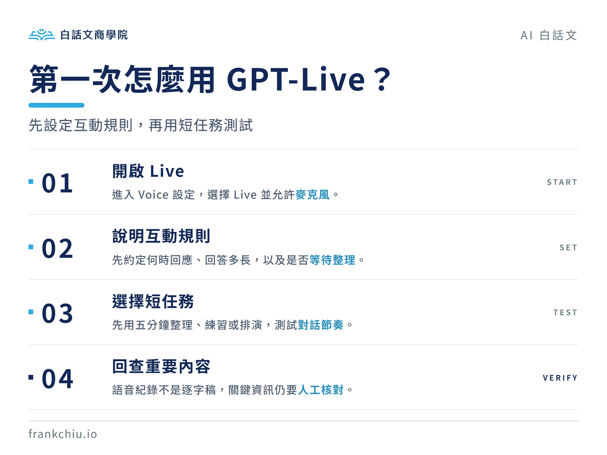 GPT-Live 第一次使用流程：開啟 Live、設定規則、測試與回查