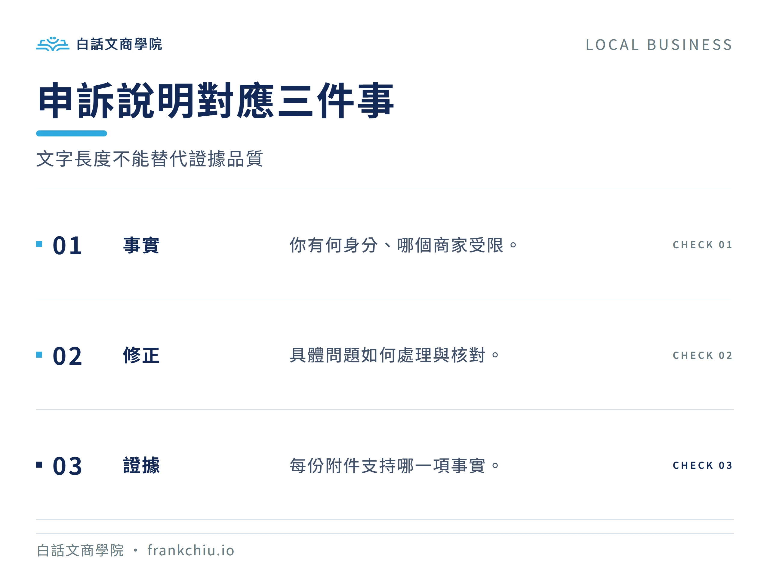 申訴說明對應三件事：文字長度不能替代證據品質