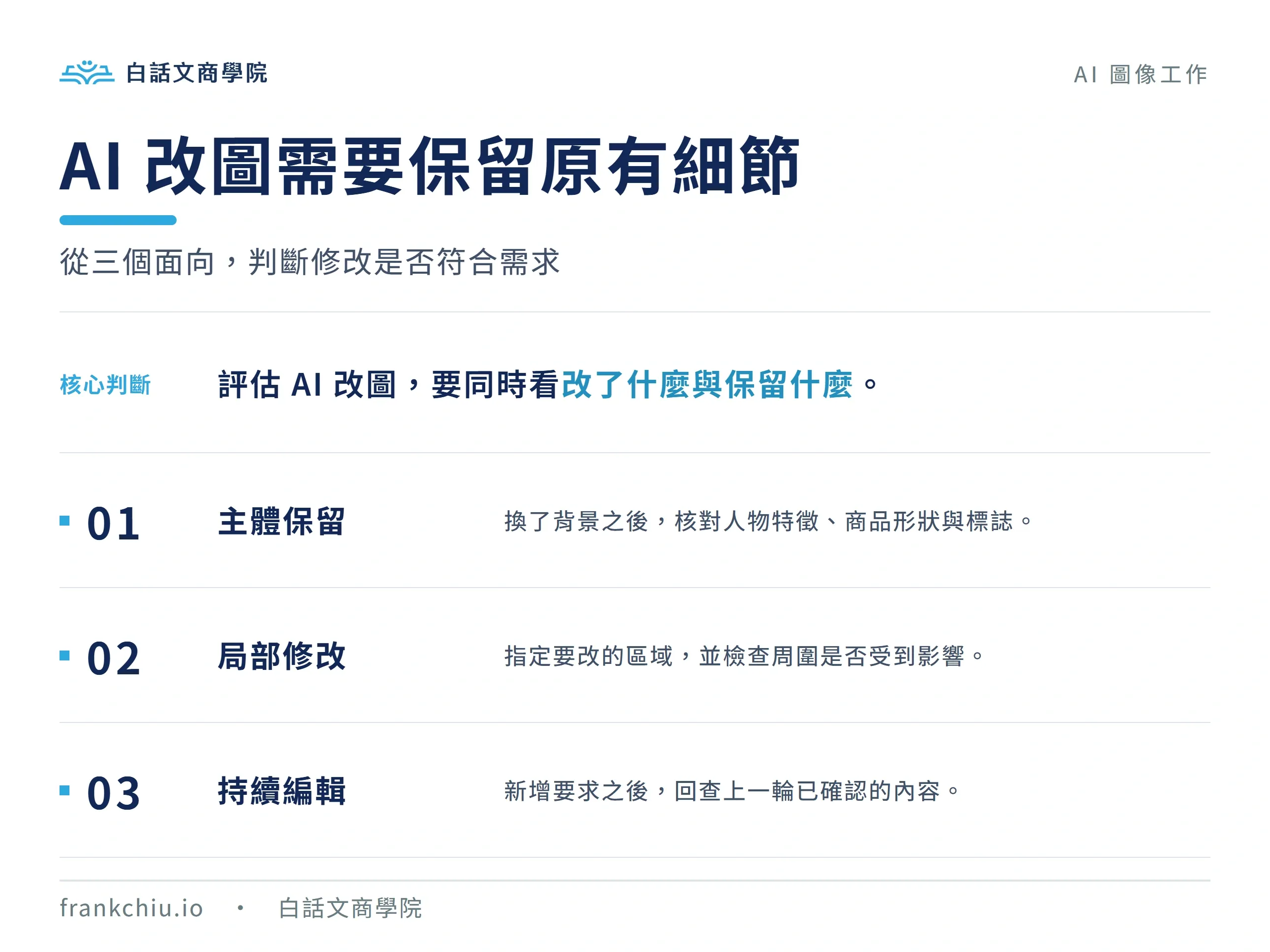 AI 改圖的三個驗收面向：主體保留、局部修改與持續編輯