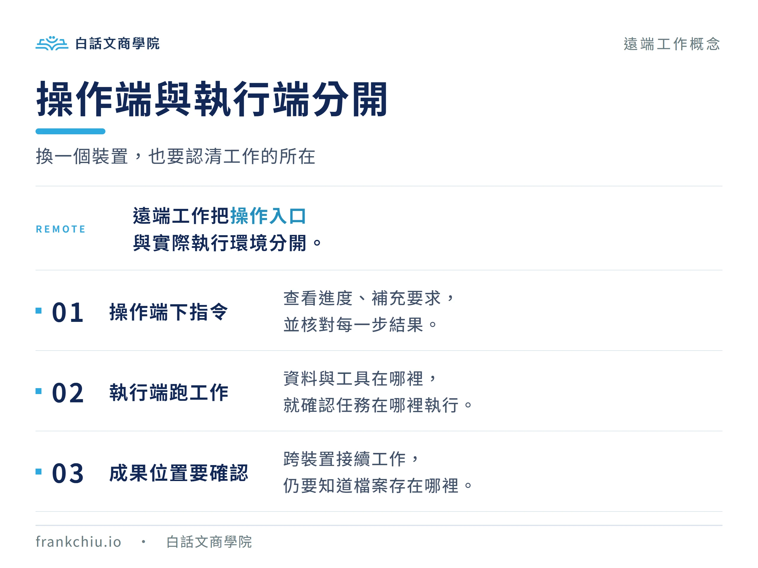 遠端工作的操作端負責指令、執行端負責工作，並需確認成果儲存位置