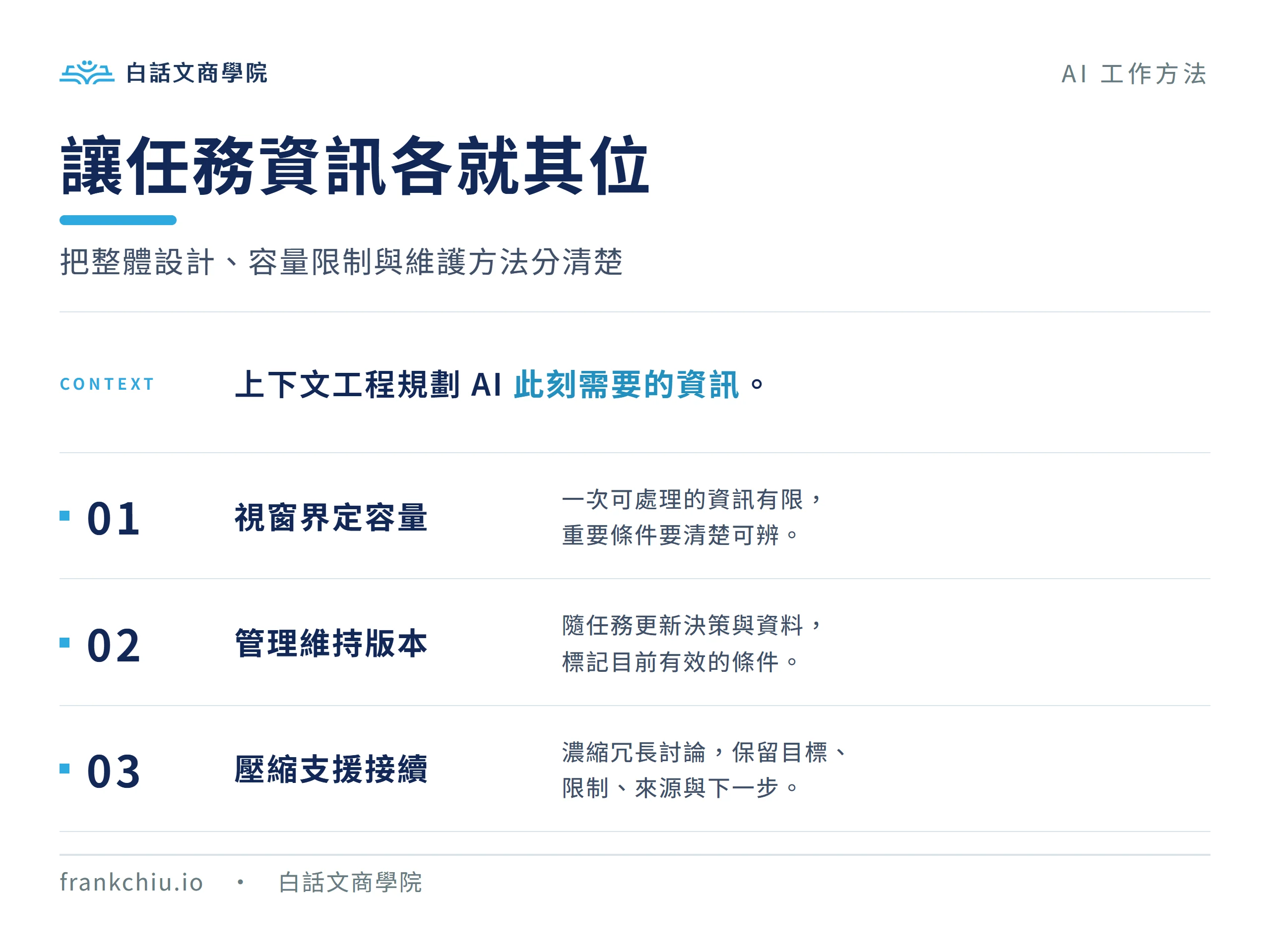 上下文工程規劃任務資訊,視窗界定容量,管理維持有效版本,壓縮保留接續工作的要點。