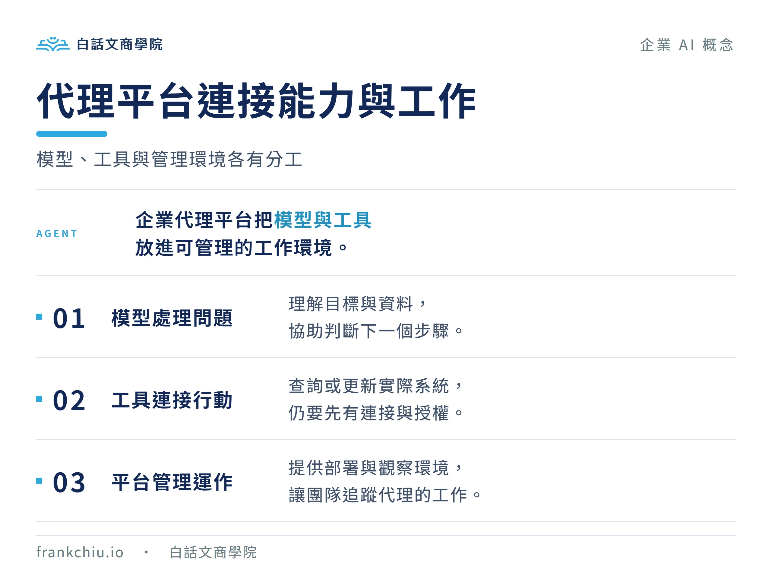企業代理平台的模型處理問題、工具連接行動、平台管理運作