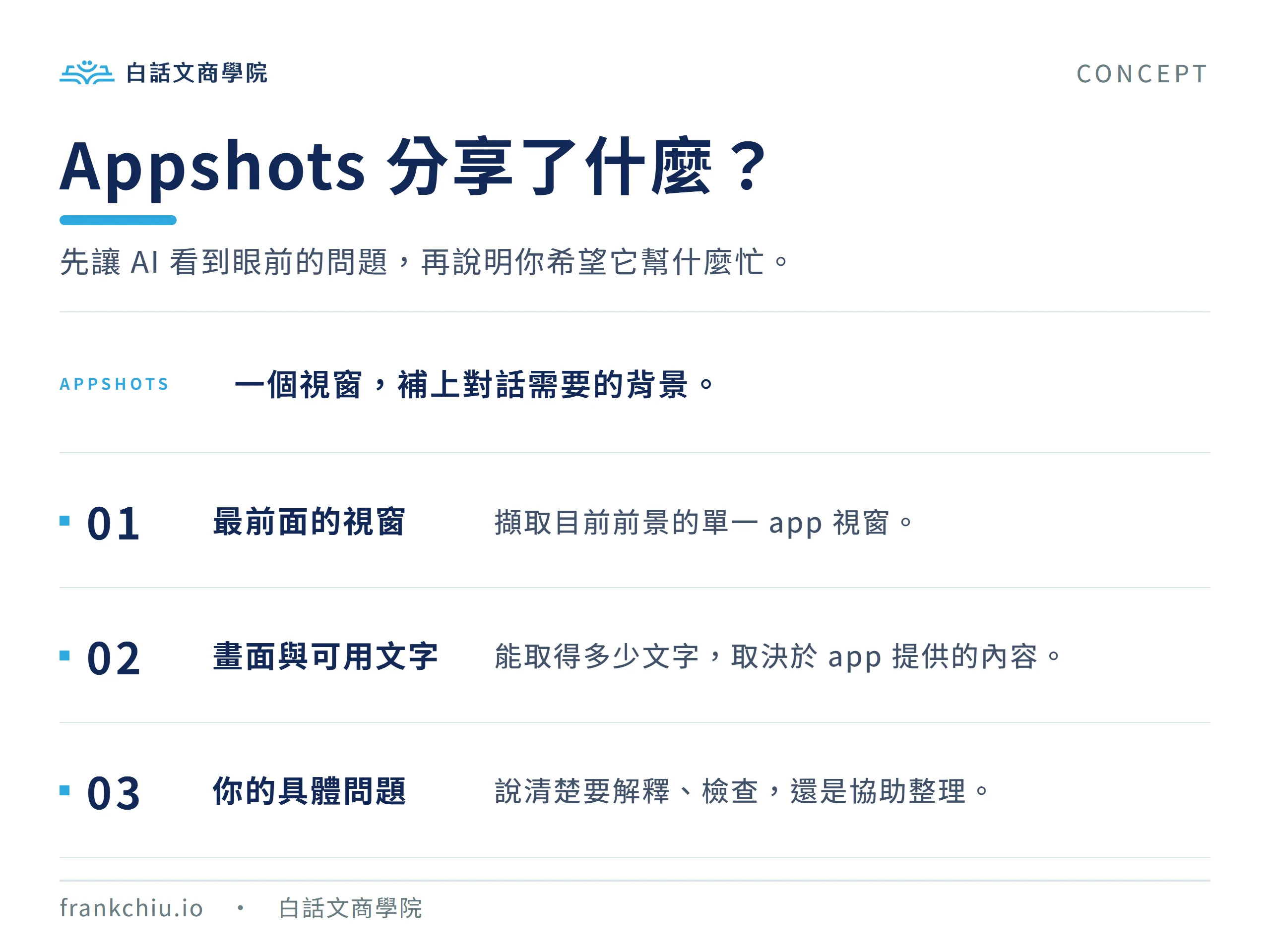 Appshots 分享目前最前面的單一視窗、app 可提供的文字,再搭配具體問題