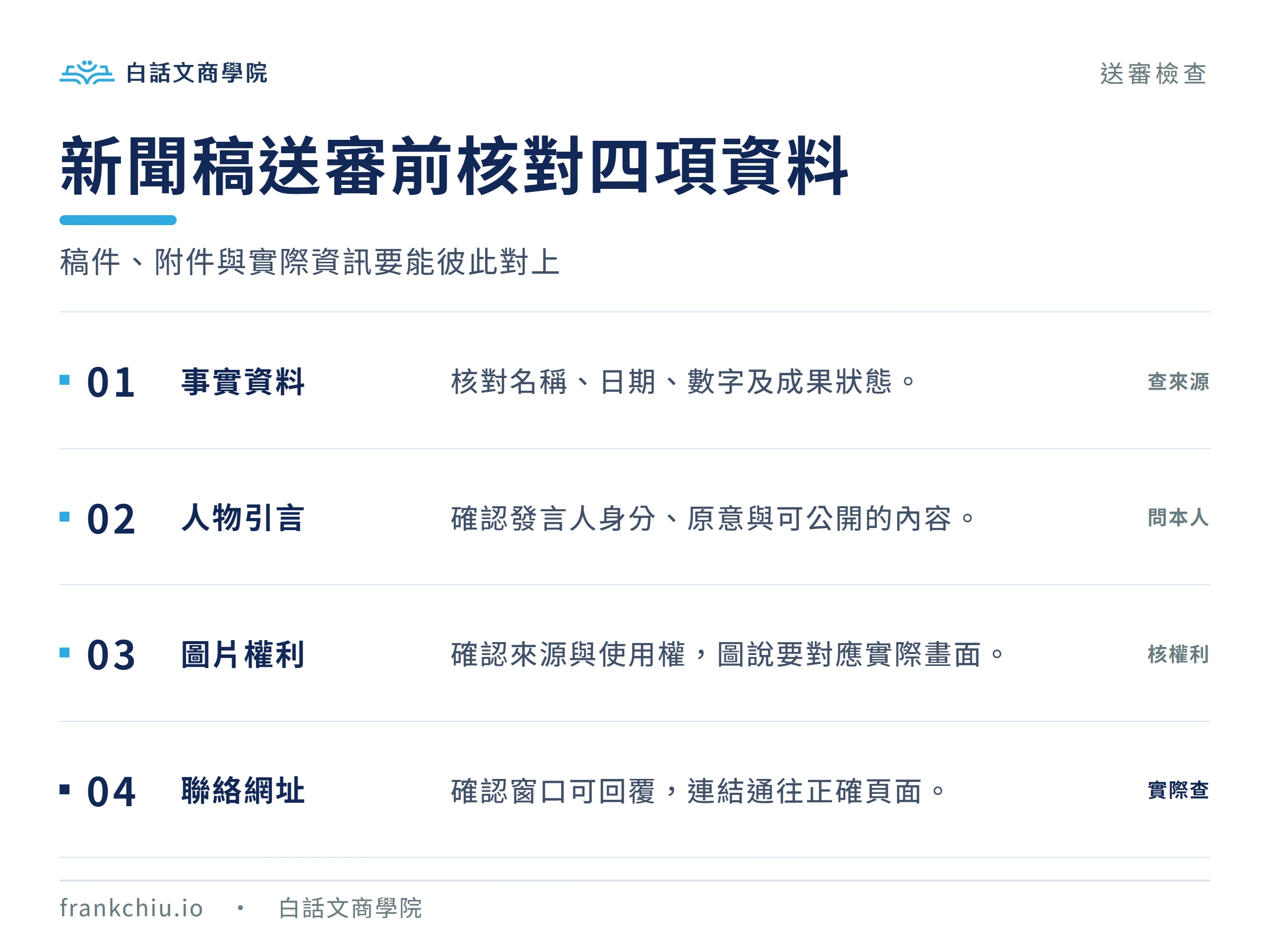 新聞稿送審前核對事實、人物引言、圖片權利與聯絡網址