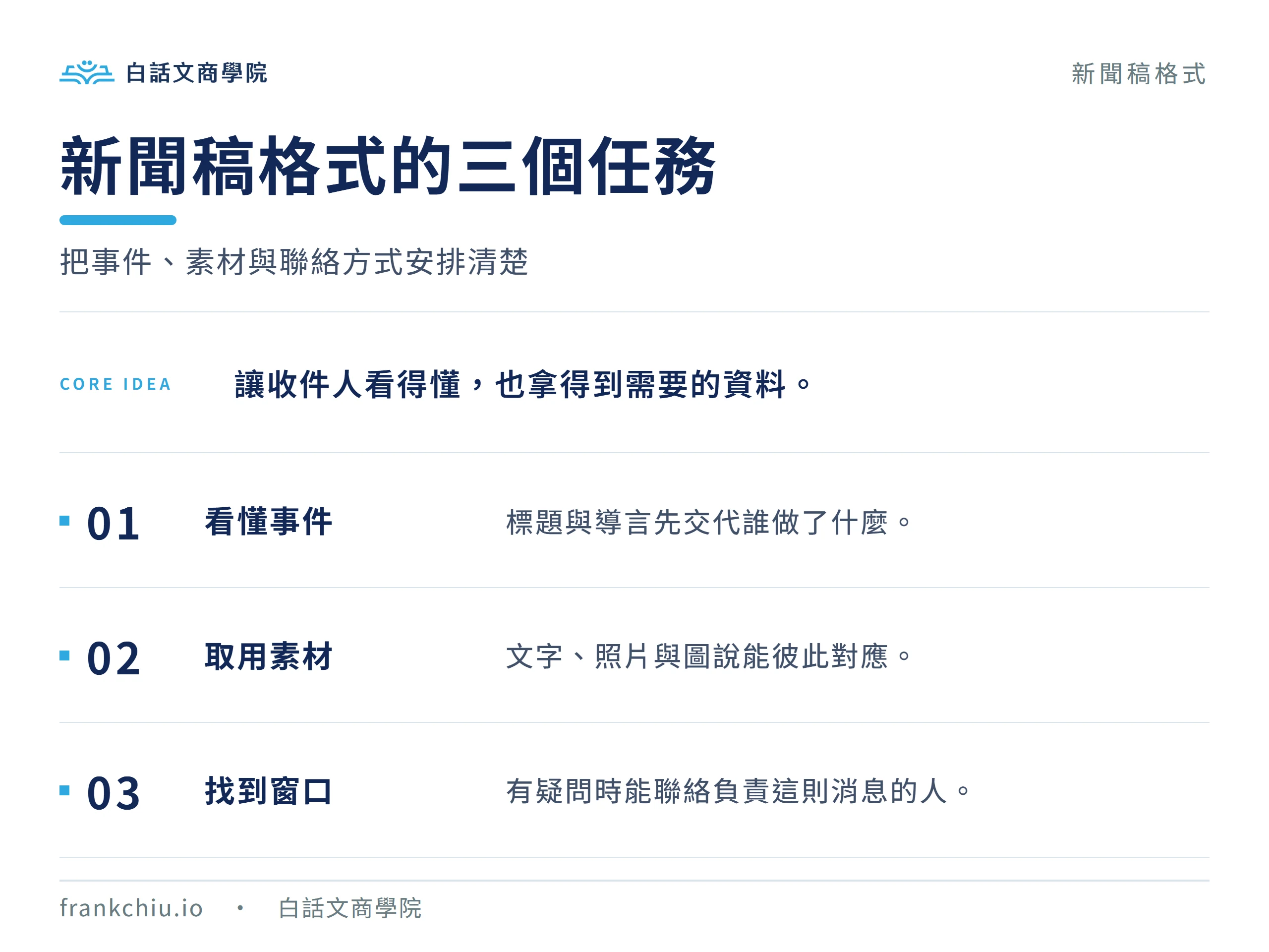 新聞稿格式三個任務：看懂事件、取用素材與找到窗口