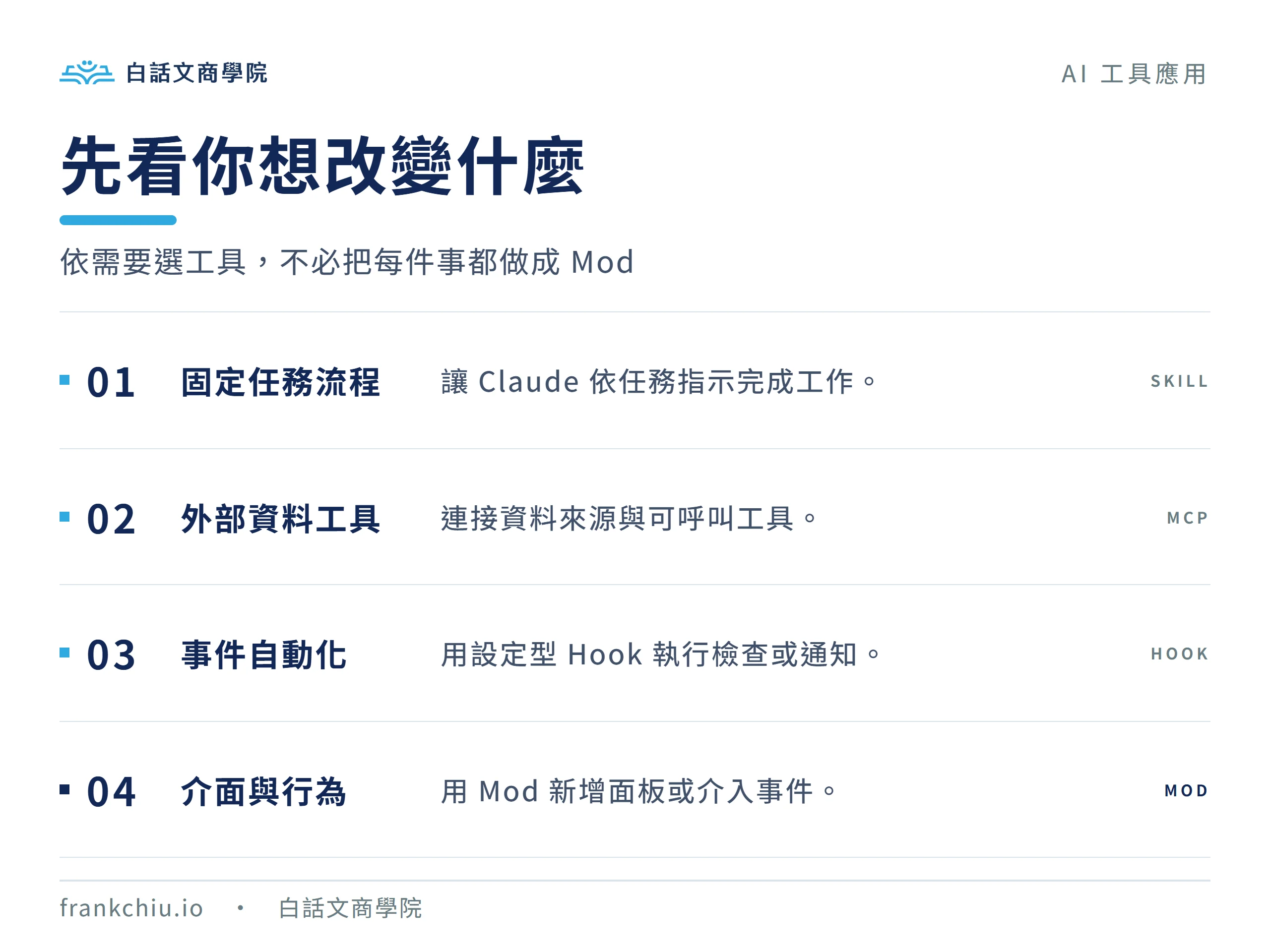 依需求選用 Skills、MCP、設定型 Hooks 或 Mod