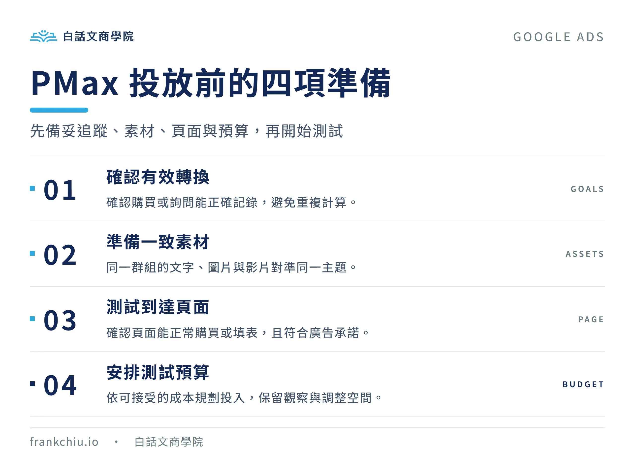 PMax 投放前確認有效轉換、準備一致素材、測試到達頁面與安排測試預算