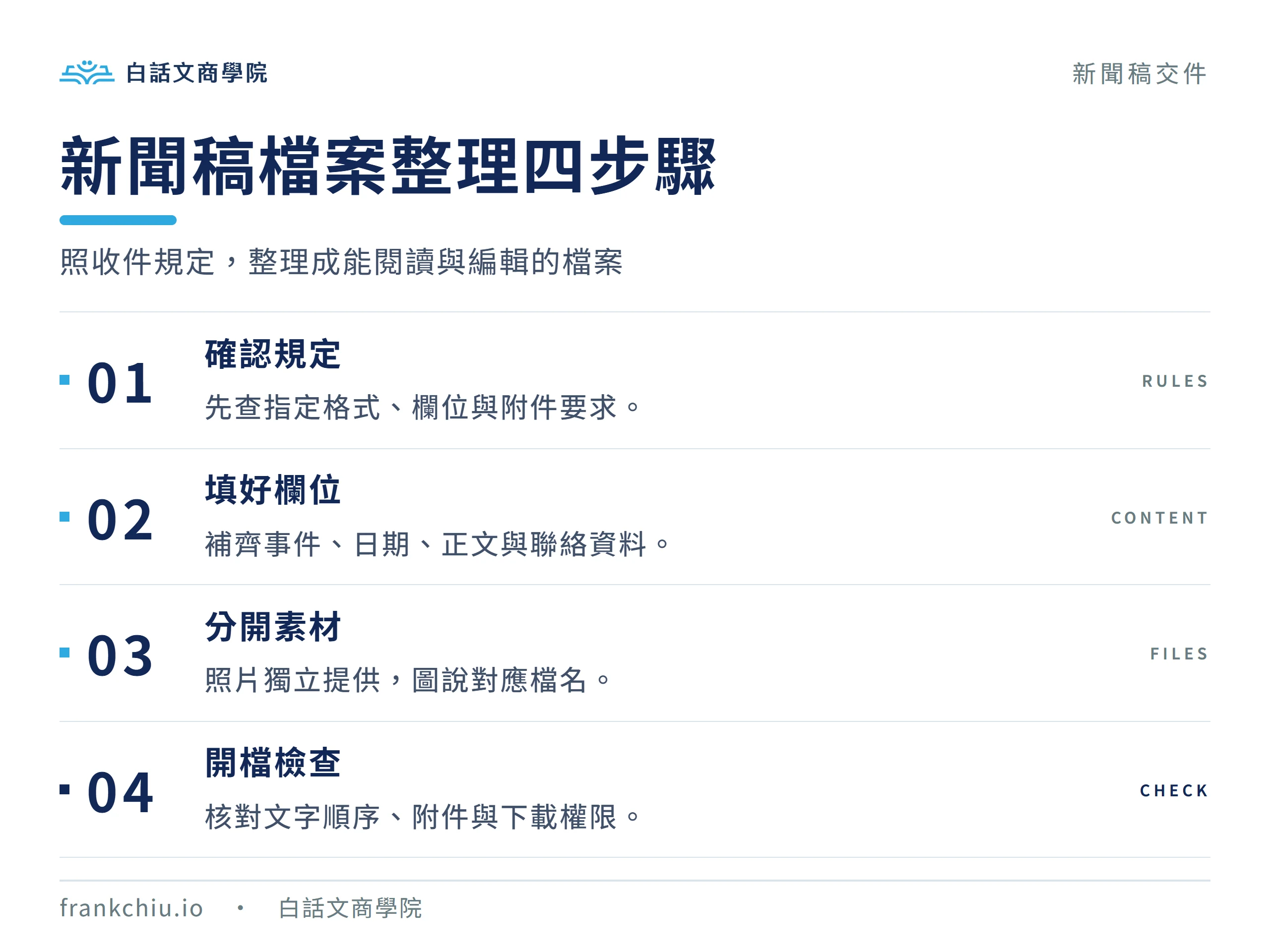 新聞稿檔案整理：確認規定、填好欄位、分開素材與開檔檢查