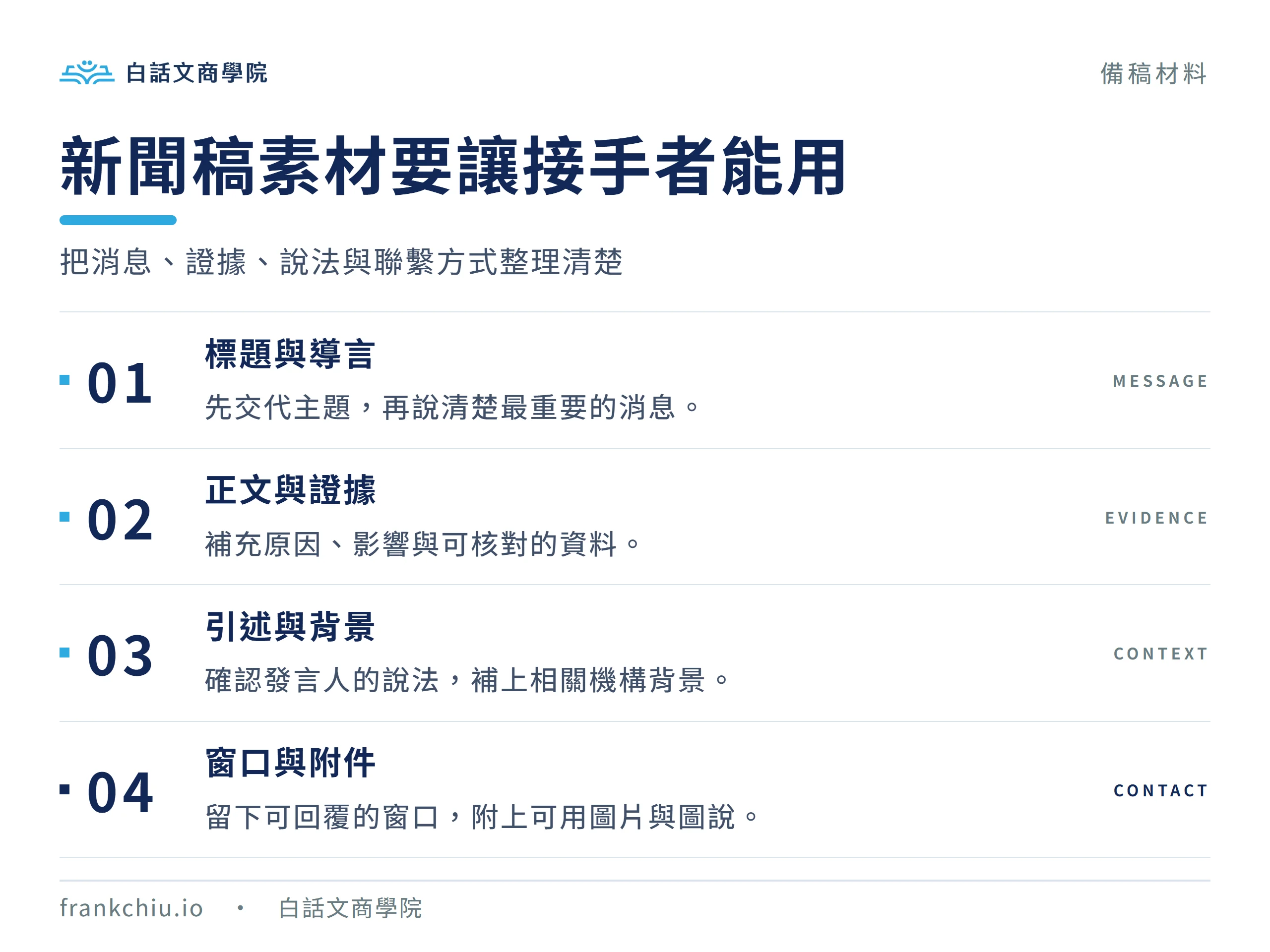 新聞稿備稿依序整理消息重點、正文證據、確認說法與聯絡附件