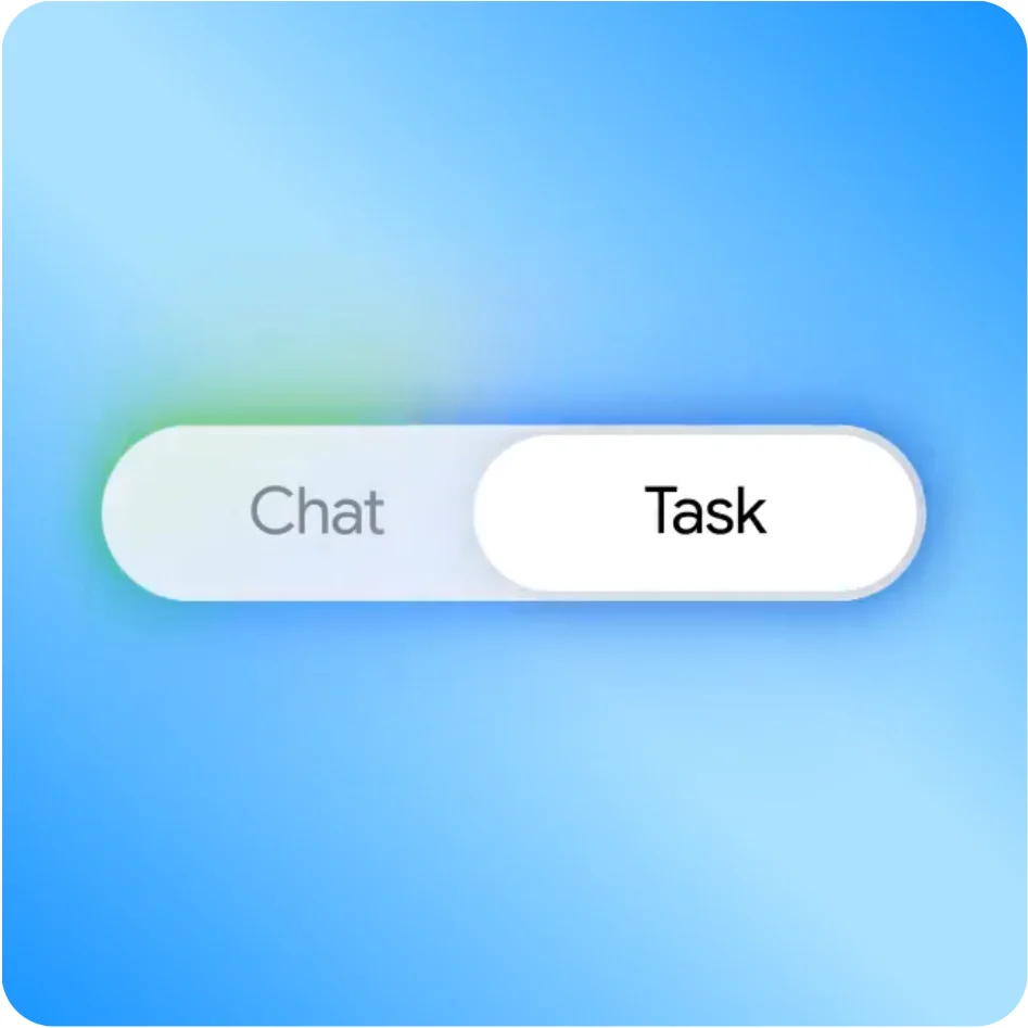 Google 官方 Gemini Desktop 示範中的 Chat 與 Task 切換選項，目前選取 Task