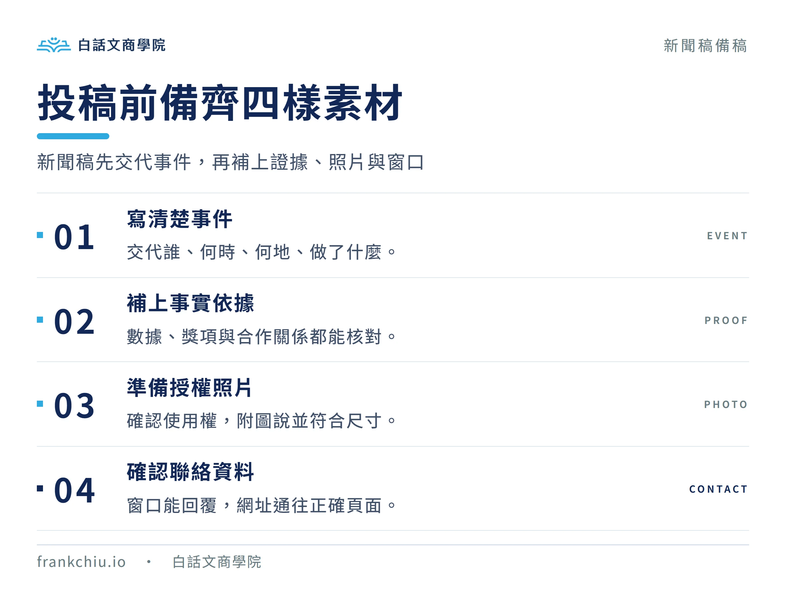 新聞稿投稿前需準備事件內容、事實依據、授權照片與聯絡資料