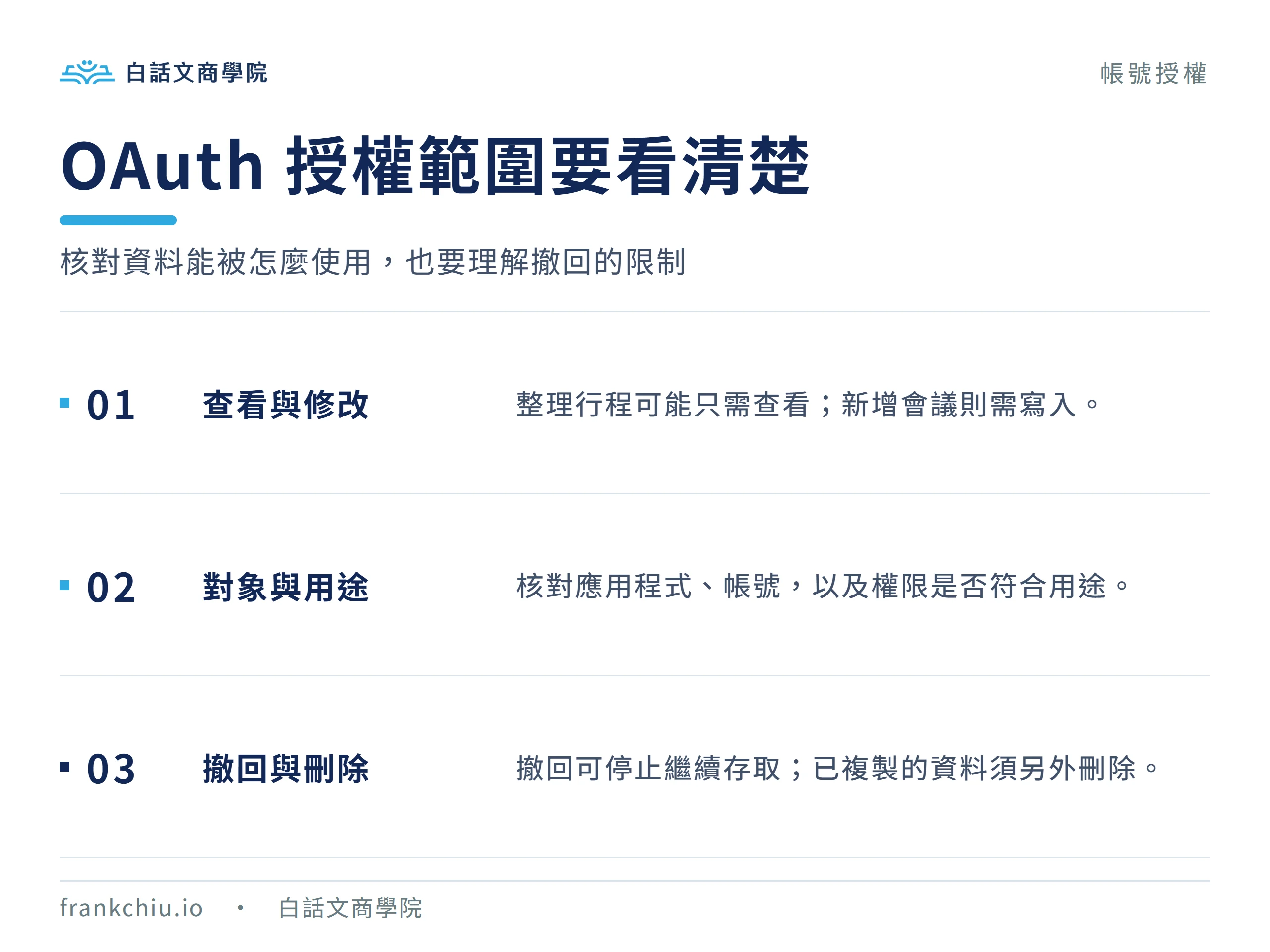 OAuth 授權前核對查看與修改權限、授權對象與用途,撤回不會自動刪除已複製資料